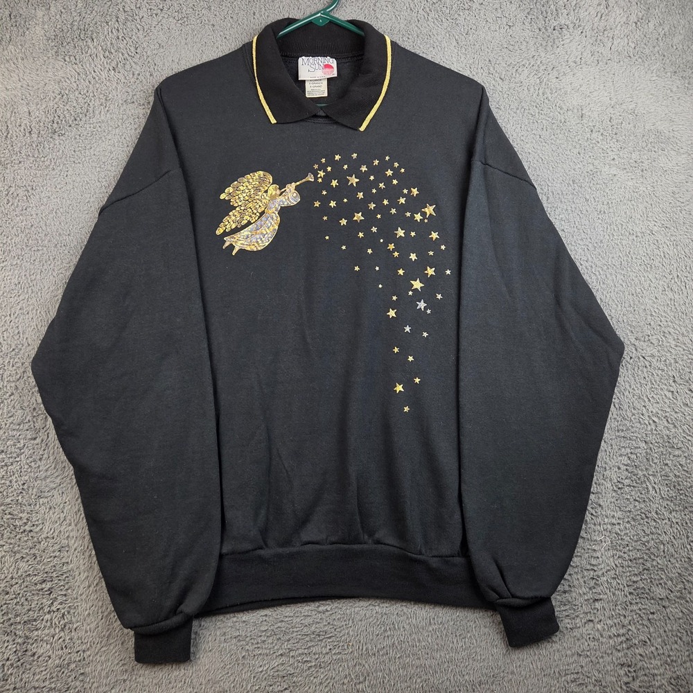 Vintage Christmas Sweatshirt Women's Extra Large Angel Stars Black Collared